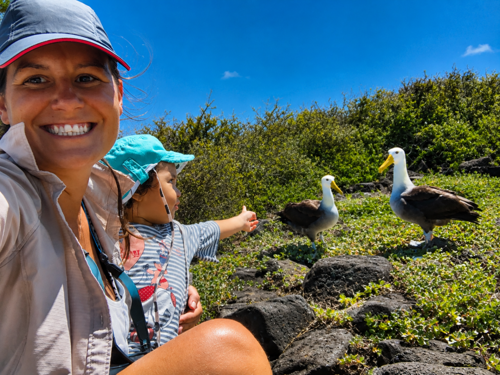 Family observing waved albatrosses on Española Island in the Galápagos