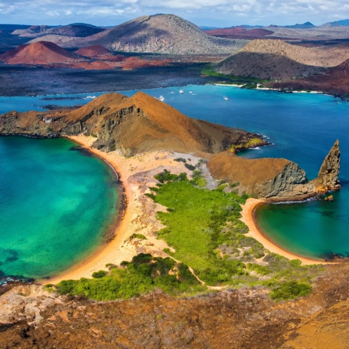 Aerial view of Bartolomé Island with volcanic landscapes and turquoise bays in the Galápagos