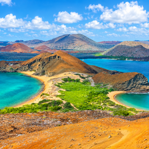 Scenic landscape of Bartolomé Island in the Galápagos with volcanic formations and ocean views
