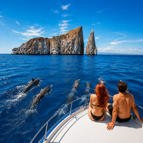 Dolphins swimming beside a boat near Kicker Rock in the Galápagos