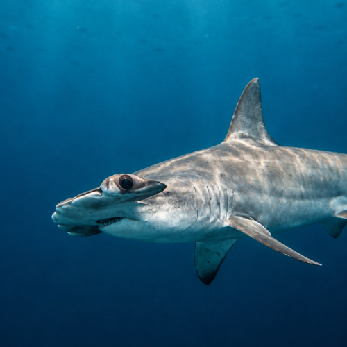 Hammerhead shark swimming through deep blue water in the Galápagos