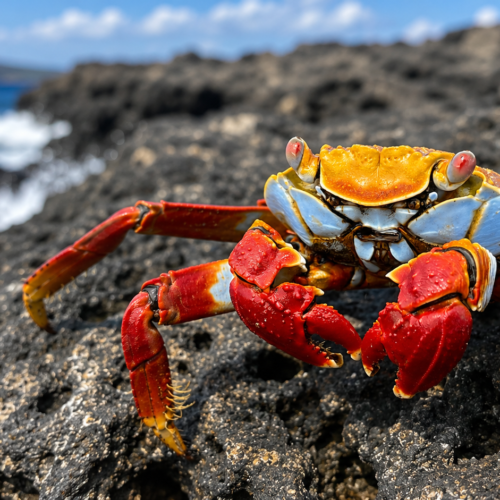 Colorful Galápagos Sally Lightfoot crab perched on a volcanic rock