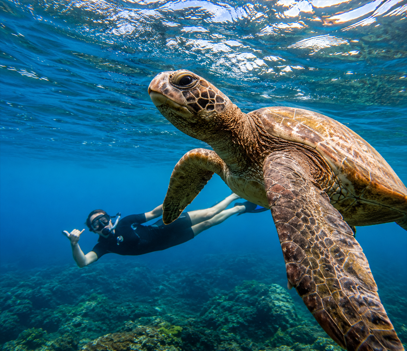 Green sea turtle swimming underwater in the Galápagos