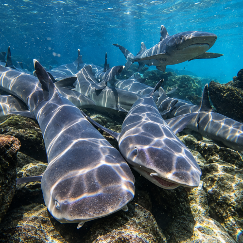 Galápagos white tipped reef sharks swimming together over a rocky underwater reef