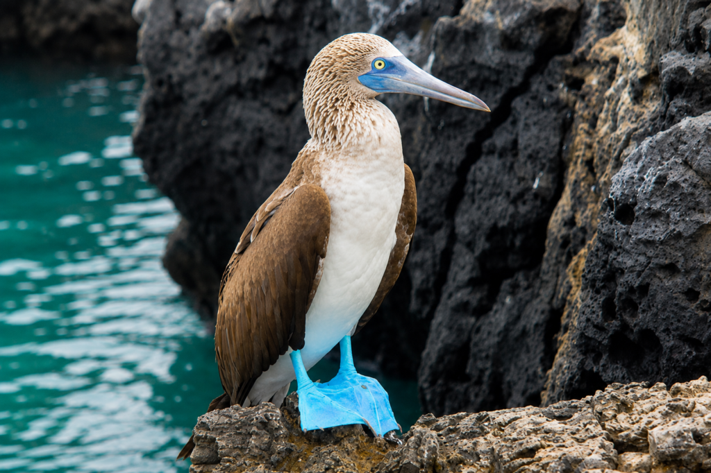 Blue-footed booby standing on volcanic rock beside turquoise water in the Galápagos