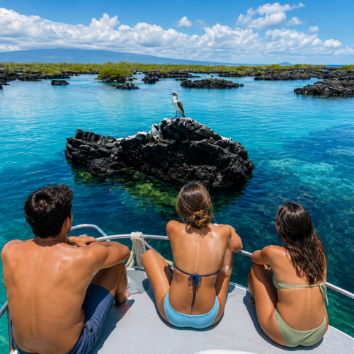 Young travelers on a boat watching a blue-footed booby perched on volcanic rock in the Galápagos