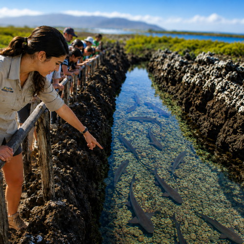 Naturalist guide pointing out sharks swimming in a clear volcanic channel in the Galápagos