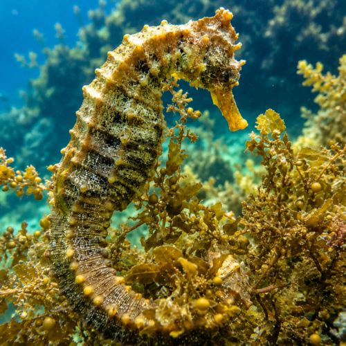 Seahorse swimming among golden seaweed in the clear waters of the Galápagos