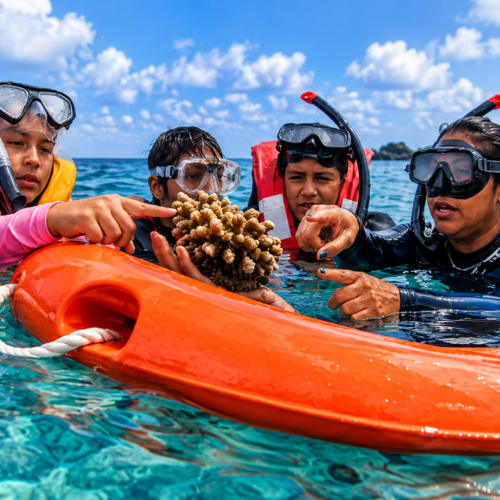 Family snorkeling in clear Galápagos waters while learning about coral and marine life