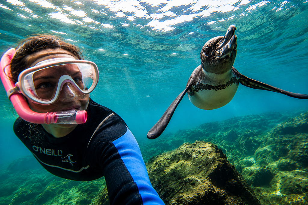 Snorkeler swimming alongside a Galápagos penguin in clear turquoise water