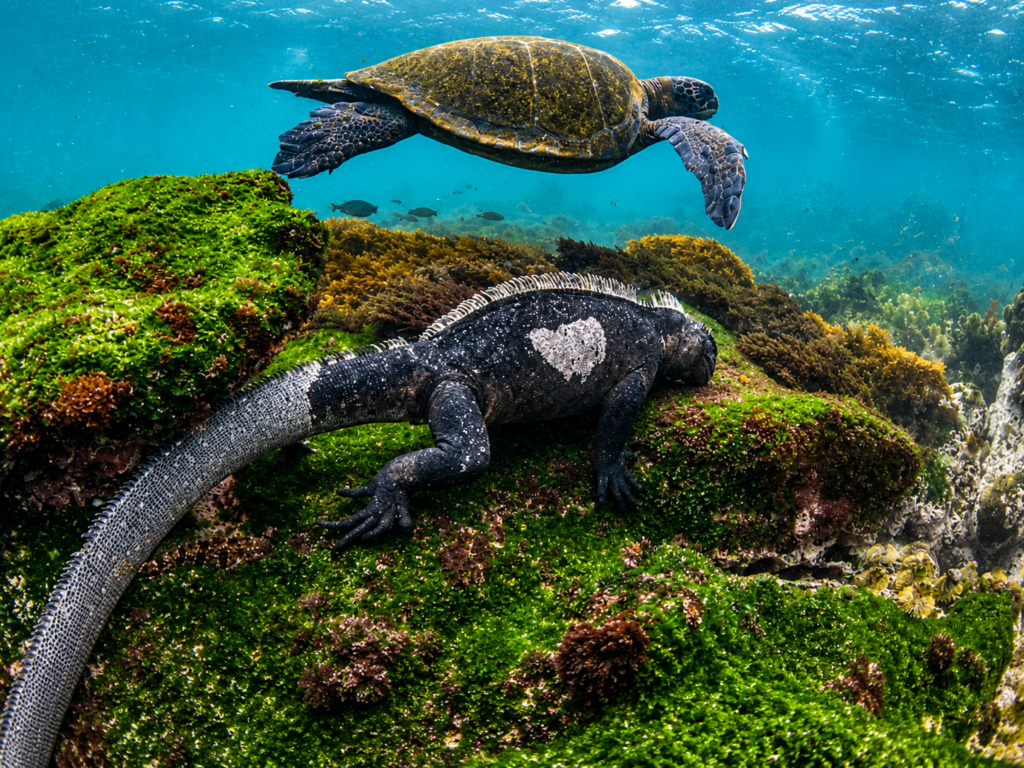 Galápagos marine iguana resting on an algae-covered rock as a sea turtle swims above it underwater
