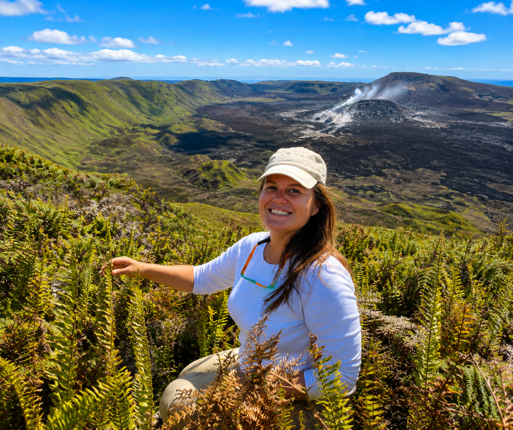 Galapagos naturalist exploring a volcanic landscape in the Galápagos with a steaming crater in the background