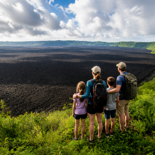 Family hiking together through a volcanic landscape in the Galápagos