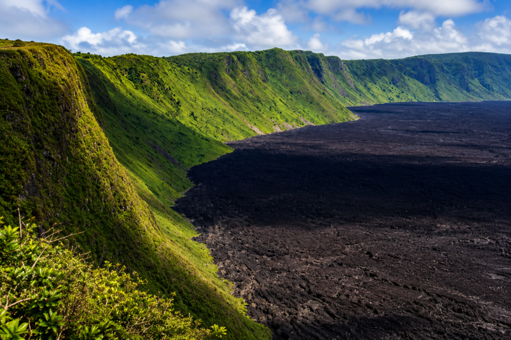 Galápagos volcanic caldera with black lava field and lush green crater walls