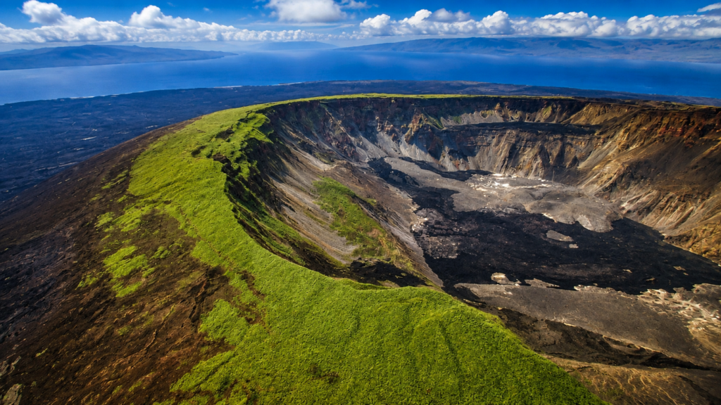 Aerial view of a vast volcanic caldera with green crater rim in the Galápagos