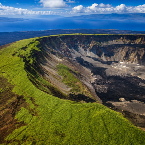 Aerial view of a vast volcanic caldera with green crater rim in the Galápagos