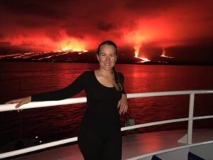 Volcanic eruption in the Galapagos Islands viewed from an expedition cruise vessel