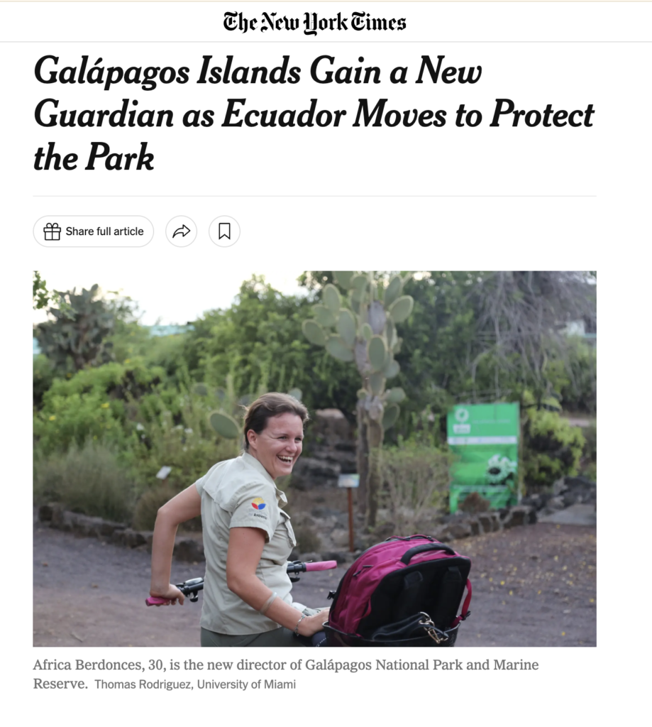 The New York Times article featuring Africa Berdonces and the Galápagos Islands.