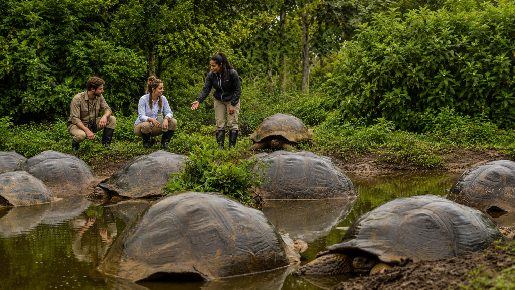 Galápagos giant tortoises gathered in their natural habitat