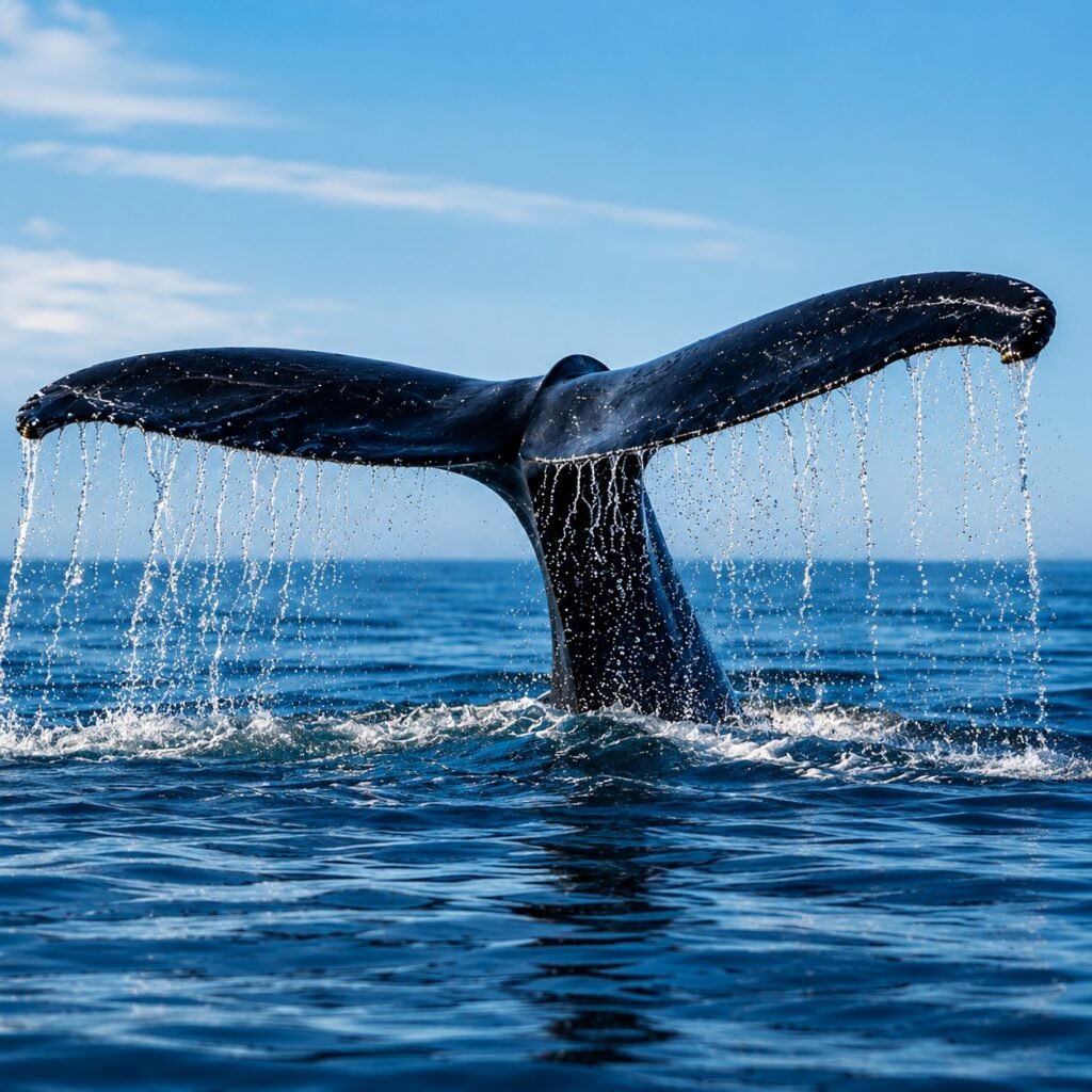 Whale tail rising from the blue ocean with water streaming from its flukes
