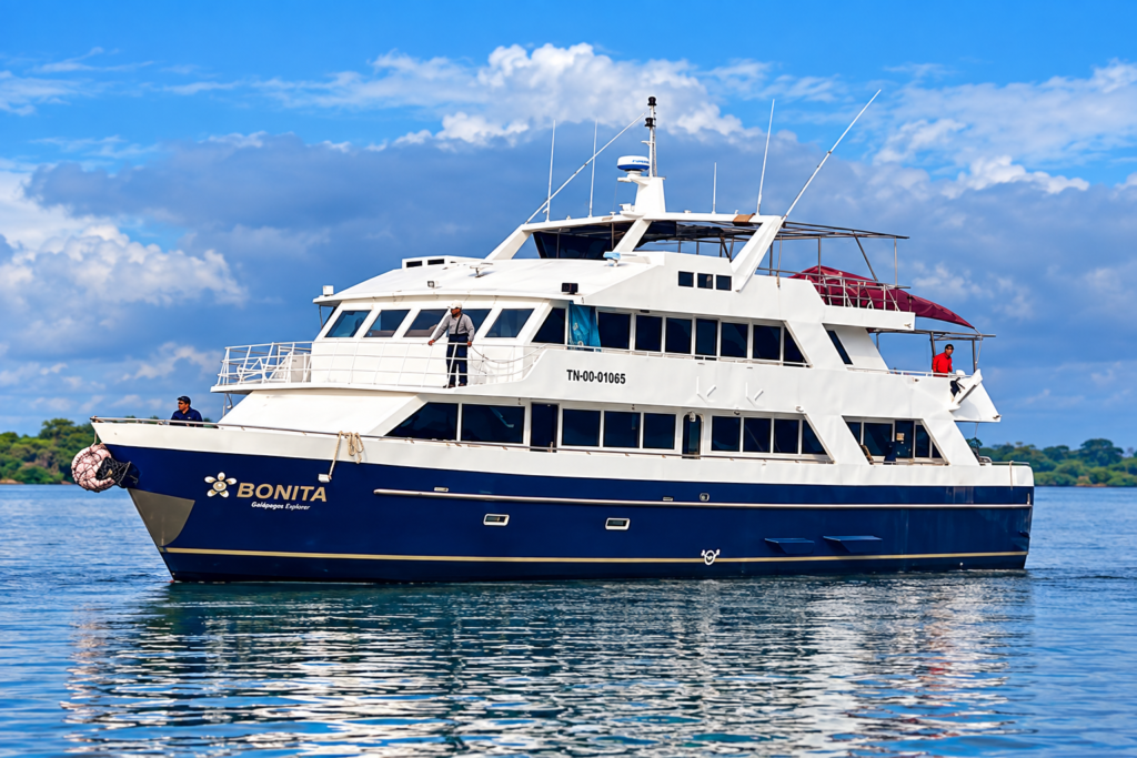 Bonita mid-range Galápagos cruise yacht sailing through the Galápagos Islands, Ecuador