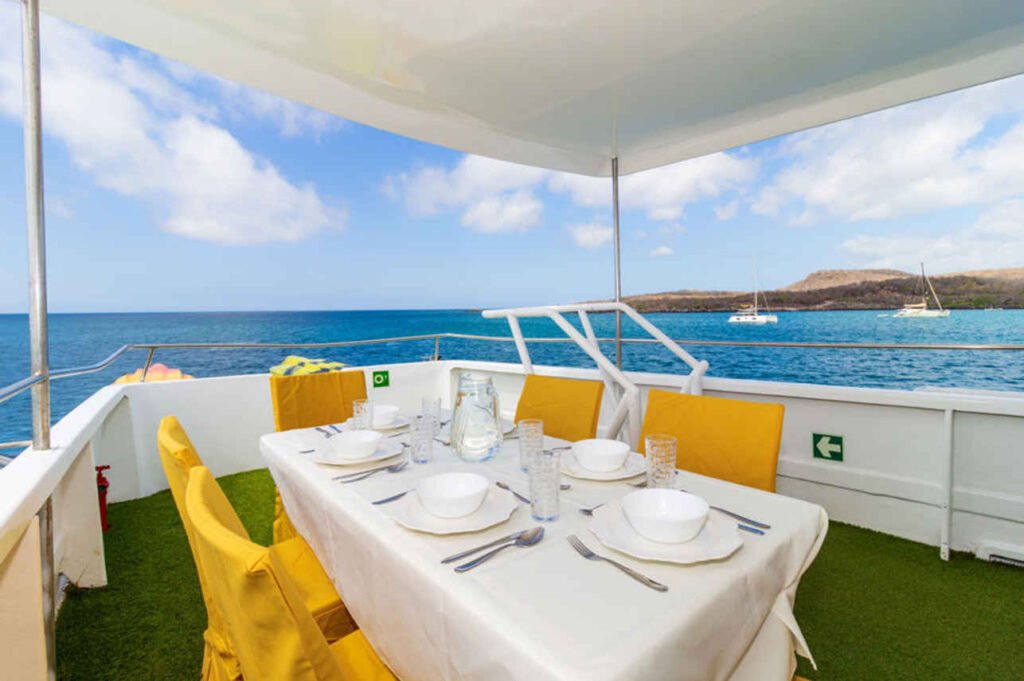 Dining area aboard a budget Galápagos cruise in Ecuador