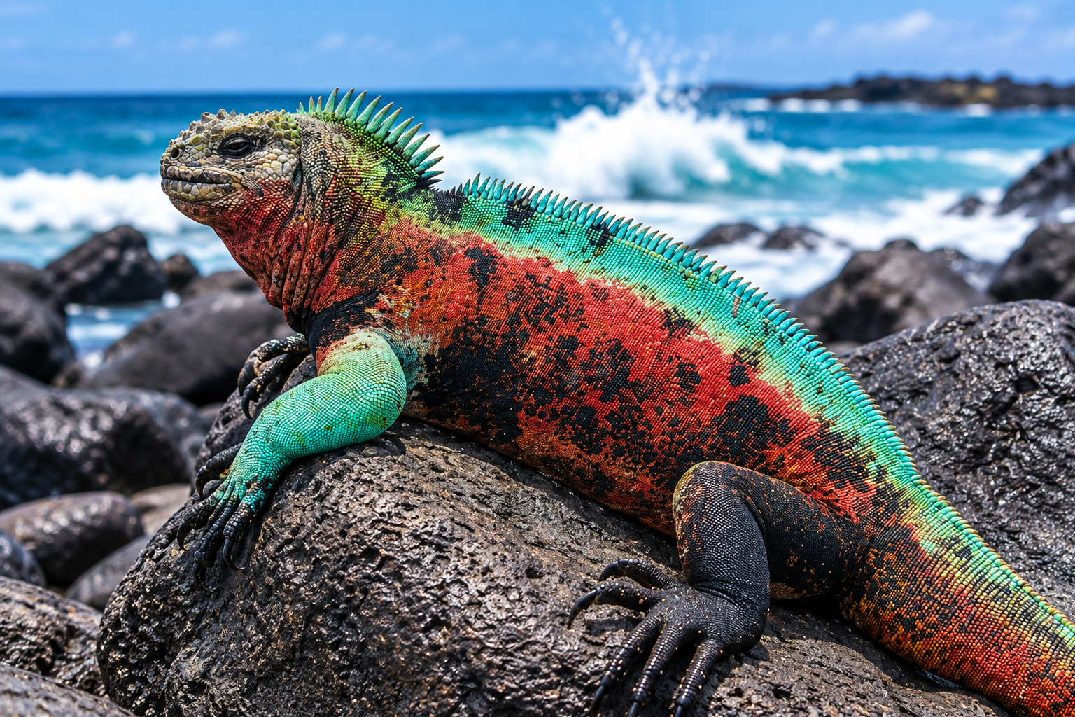 Colorful Galápagos marine iguana resting on volcanic rocks