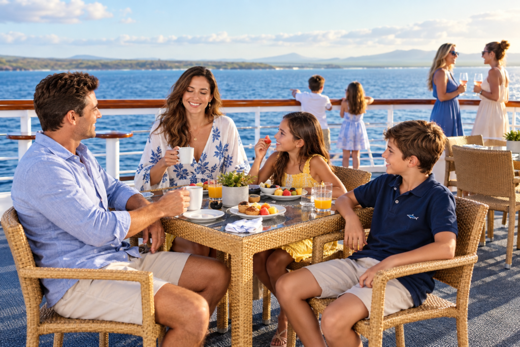 Family enjoying breakfast together on a Galápagos cruise ship with ocean and island views