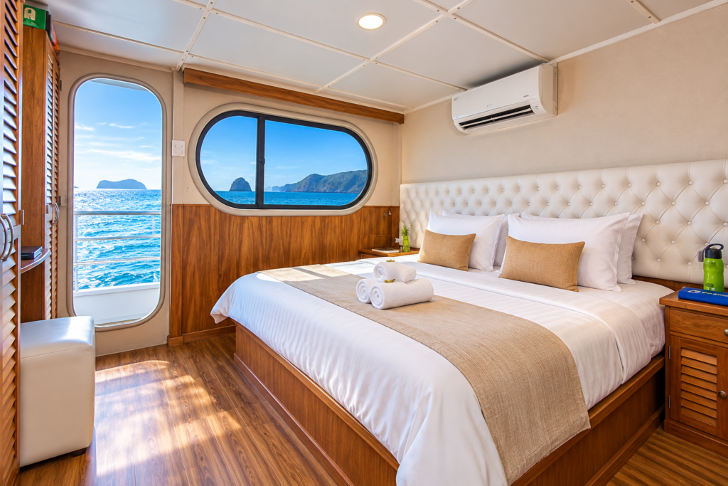 Comfortable first-class Galápagos cruise cabin with ocean views
