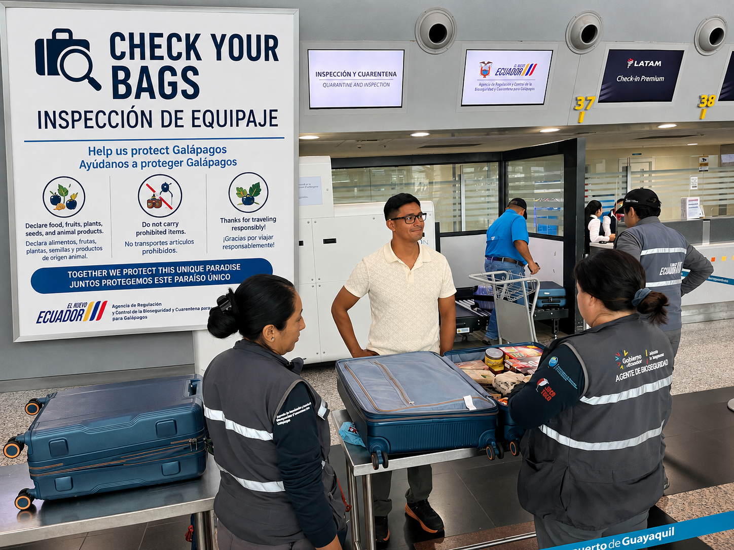 Airport biosecurity officers inspecting luggage before passengers travel to the Galápagos Islands.