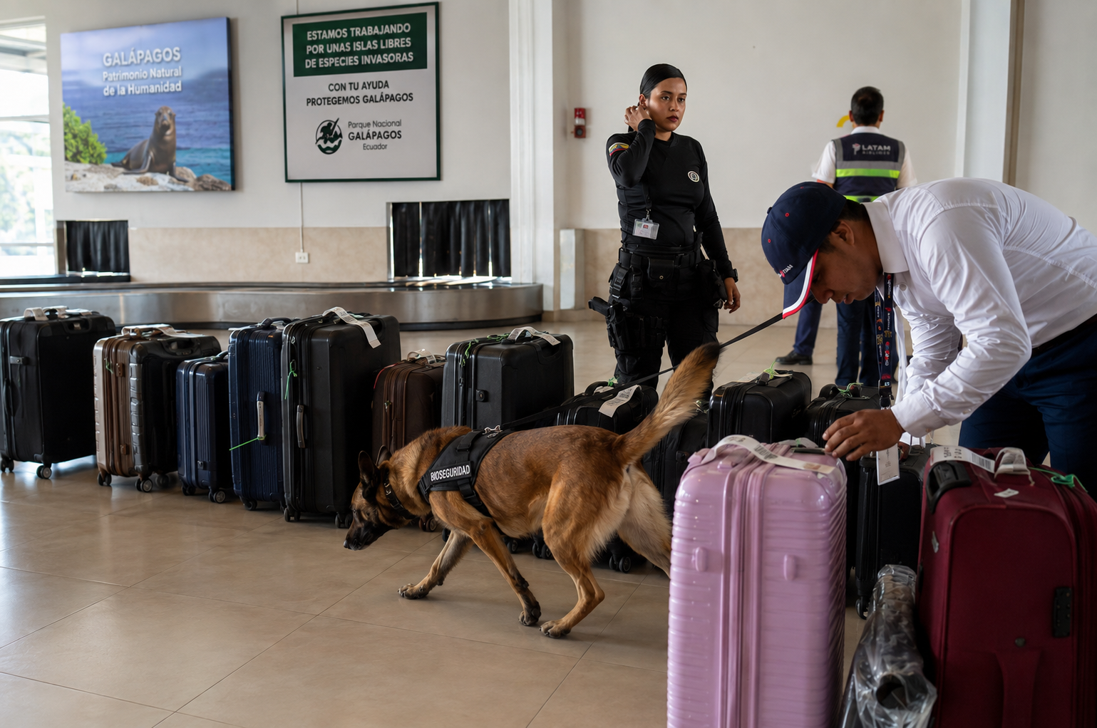 Biosecurity detection dog inspecting travelers’ luggage at a Galápagos airport before baggage collection.