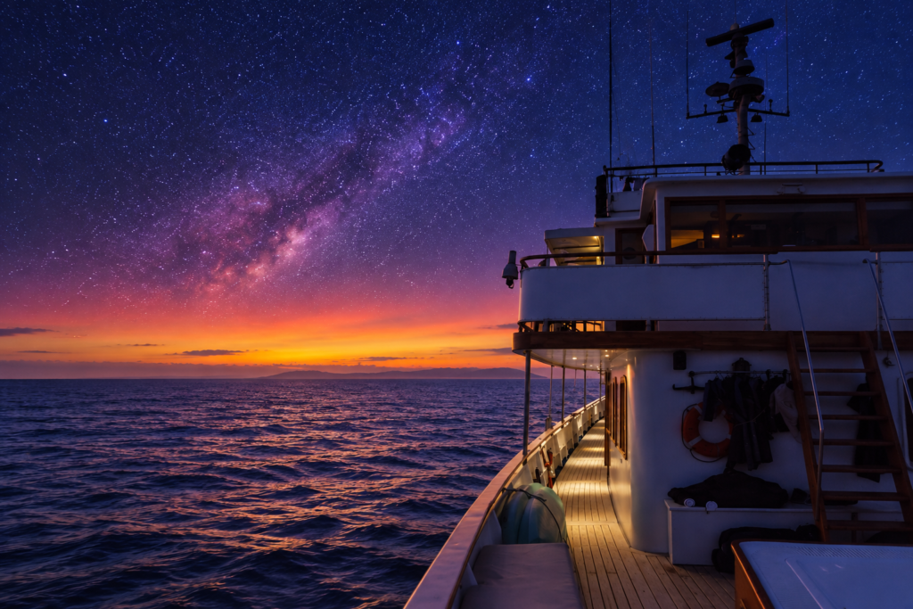 Galápagos cruise ship at sunset under a star-filled night sky and Milky Way