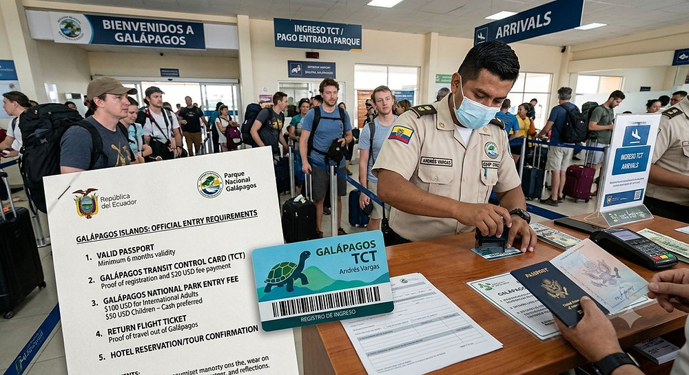 Travelers arriving in the Galápagos Islands completing entry procedures and presenting their Galápagos Transit Control Card (TCT).