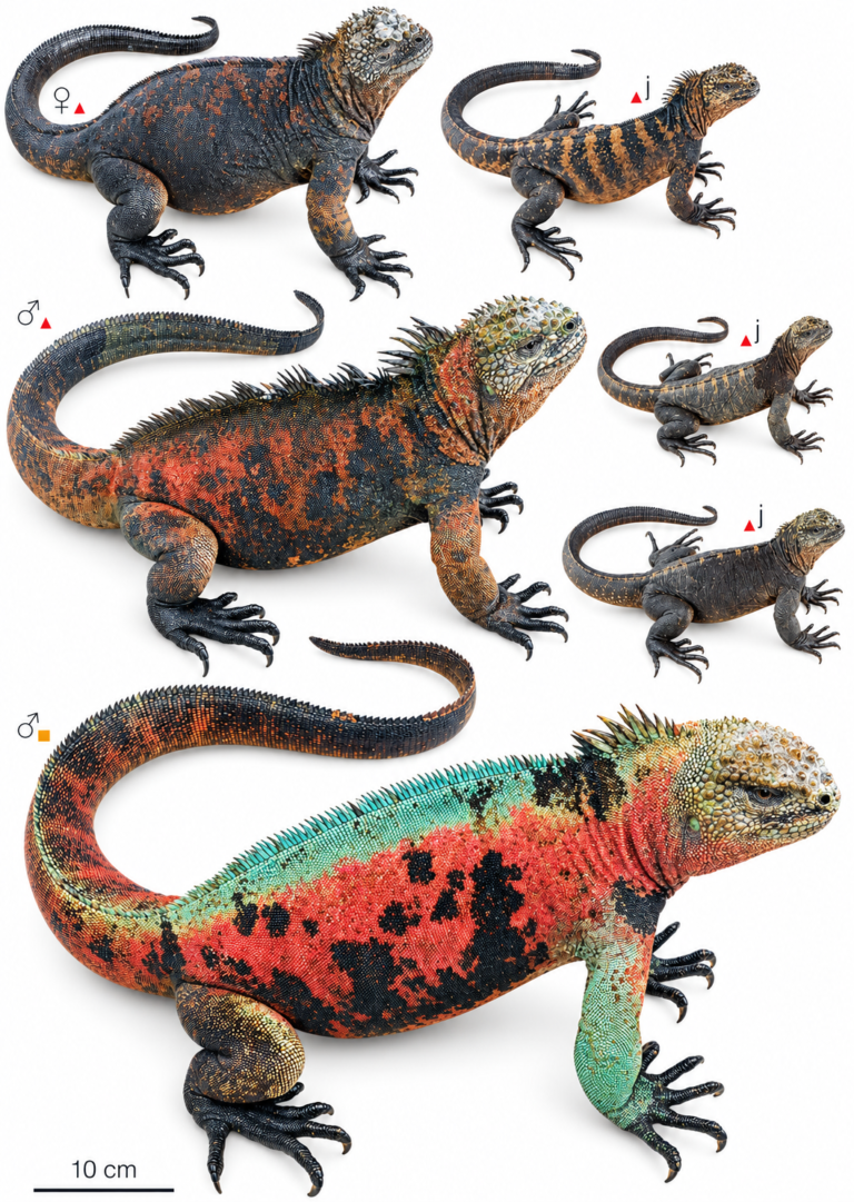 Galápagos marine iguanas showing differences in size, sex, age, and coloration