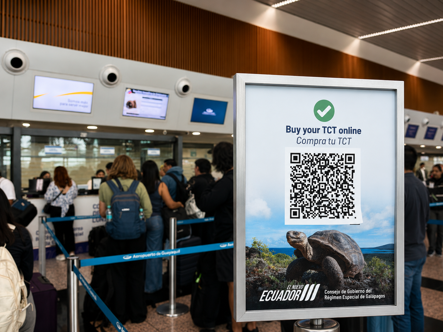 Galápagos TCT sign showing travelers how to purchase the Tourist Control Transit Card online or at the airport.