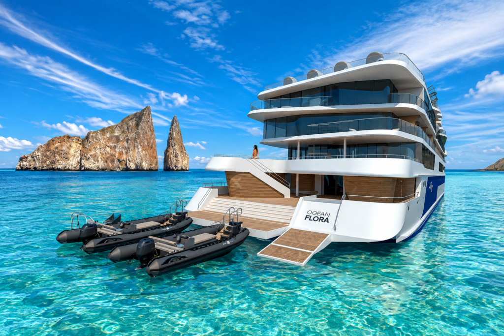 Luxury expedition yacht cruising through the Galápagos Islands with turquoise water and volcanic rock formations