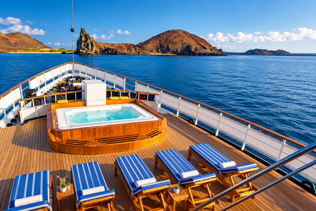 Luxury Galápagos cruise yacht deck with hot tub, lounge chairs and volcanic island views