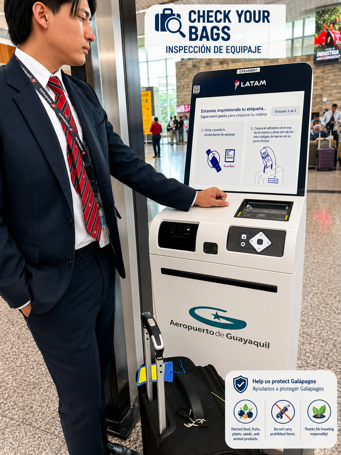 Passenger using a self-service baggage check kiosk at Guayaquil Airport before traveling to the Galápagos Islands.