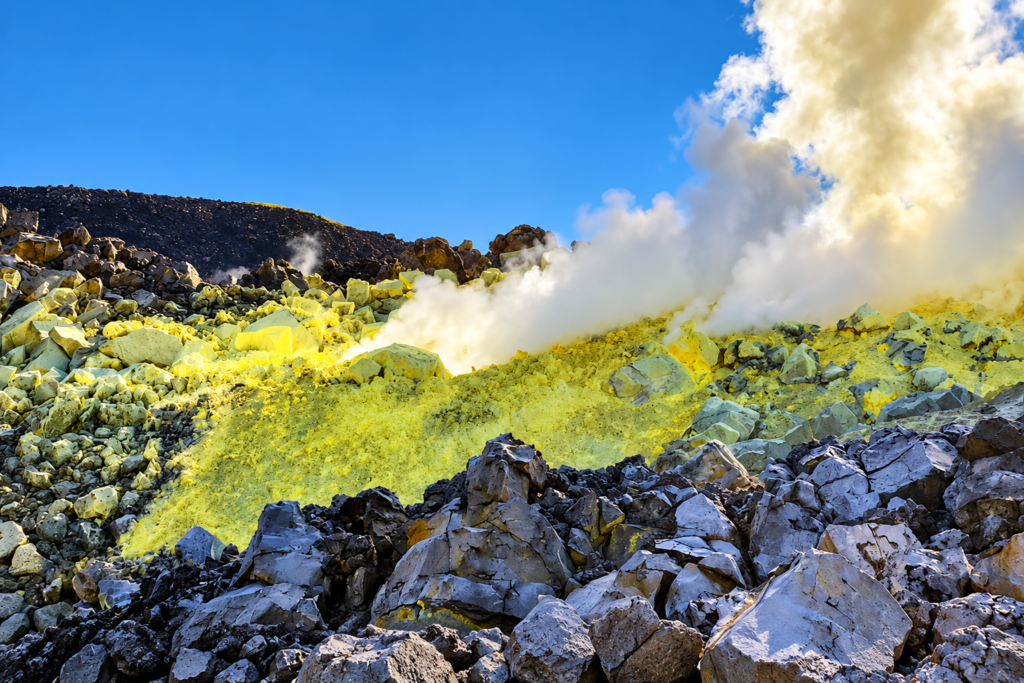 Sulfur fumaroles and volcanic rocks at Sierra Negra Volcano in the Galápagos Islands