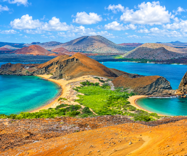 Scenic landscape of Bartolomé Island in the Galápagos with volcanic formations and ocean views