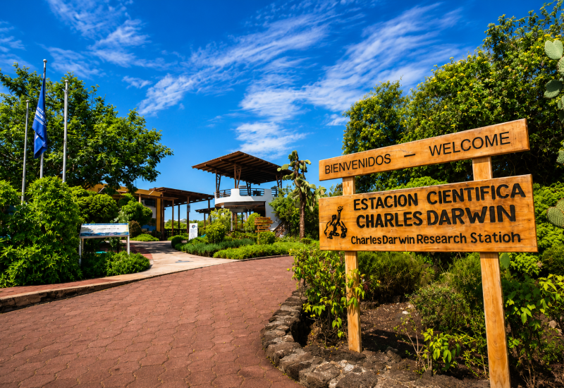 Visitors exploring the Charles Darwin Research Station on Santa Cruz Island in the Galápagos