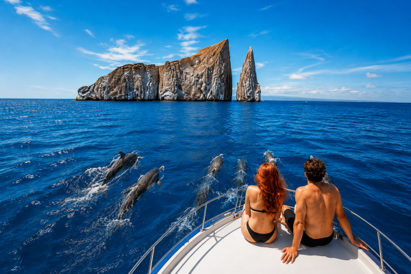 Dolphins swimming beside a boat near Kicker Rock in the Galápagos