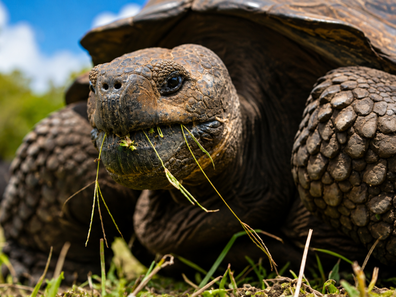 Galápagos giant tortoise walking through its natural habitat on Santa Cruz Island
