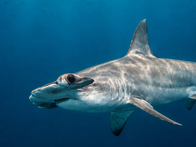 Hammerhead shark swimming through deep blue water in the Galápagos