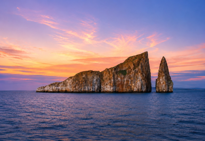 Galápagos rock formation rising from the ocean beneath a colorful sunset sky