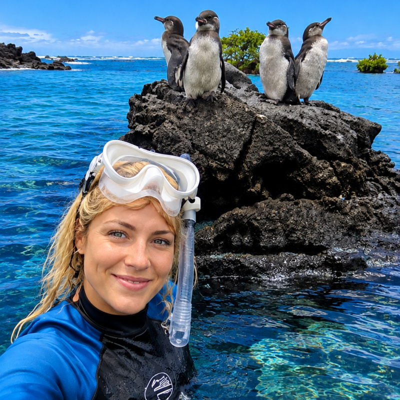 Snorkeler taking a selfie near four Galápagos penguins resting on a volcanic rock