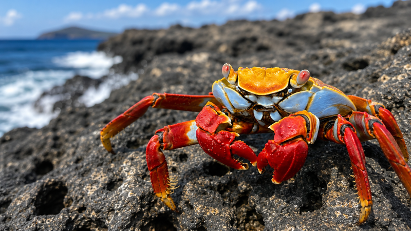 Colorful Galápagos Sally Lightfoot crab perched on a volcanic rock