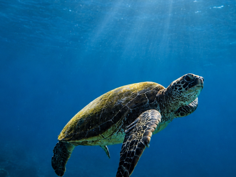 Green sea turtle swimming through clear blue water in the Galápagos