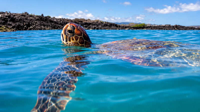 Sea turtle swimming underwater in the clear waters of the Galápagos Islands
