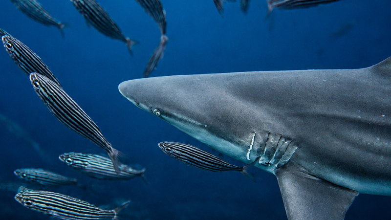 Galápagos shark swimming underwater among schools of striped fish